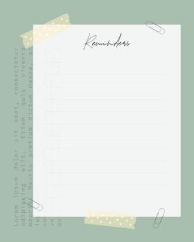 Reminders blank sheet of paper, paper clips and washi tape, vintage scrapbooking style blank sheet with old text Lorem ipsum. For notes, to-do list, planner. vector