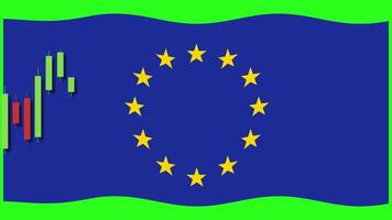 Animation of EU flag intertwined with moving candlestick graph, illustrating financial fluctuations on a vibrant green background video