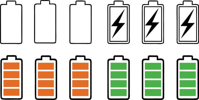 batería cargar nivel indicadores demostración vacío bajo medio y lleno fuerza. vector
