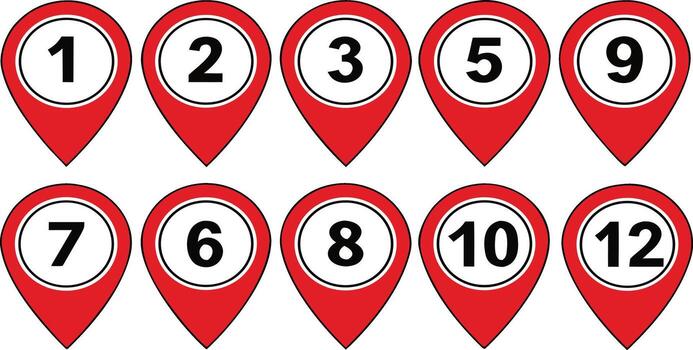 Collection of red location pointers with numbers one through twelve. vector
