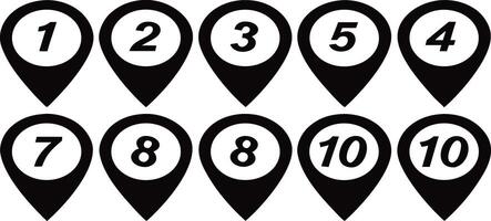 Collection of black map pin icons with numbers one through ten. vector