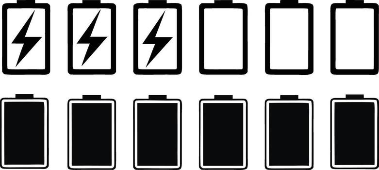conjunto de batería nivel indicadores demostración lleno cargando y vacío estados vector