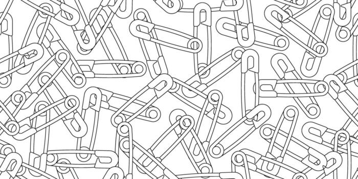 Seamless pattern of overlapping safety pins in black outline on white background vector