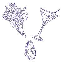 a drawing of a martini glass and a bouquet of flowers vector