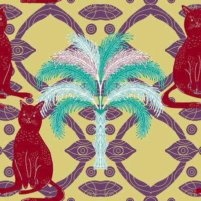 a pattern. with two cats and palm tree