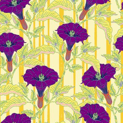 a pattern with purple flowers and yellow stripes