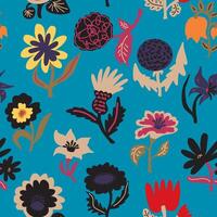 a pattern with flowers, and leaves on a blue background vector