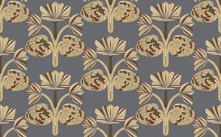 a pattern with leaves and flowers on a gray background vector