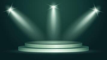 Modern green podium background illuminated by bright spotlights perfect for award ceremonies product showcases promotions and elegant presentation designs vector