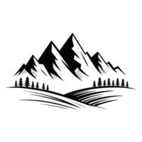 Stylized black and white mountain range with pine trees and rolling hills vector