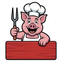 Pig chef holding fork and sign vector