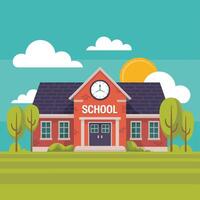 Flat design illustration of a brick school building with a clock vector