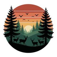 Deer herd in a forest landscape at sunset with birds flying vector