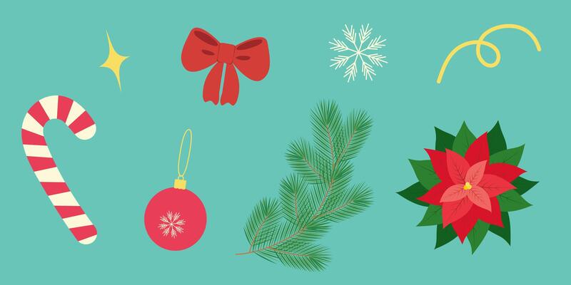 Hand Drawn Candy Cane Poinsettia Snowflakes Pine Twigs Ball Ribbon Baw Christmas design elements Set. Isolated illustration Christmas Holiday Festive Thematic Cards Banner, leaflets, label, tag