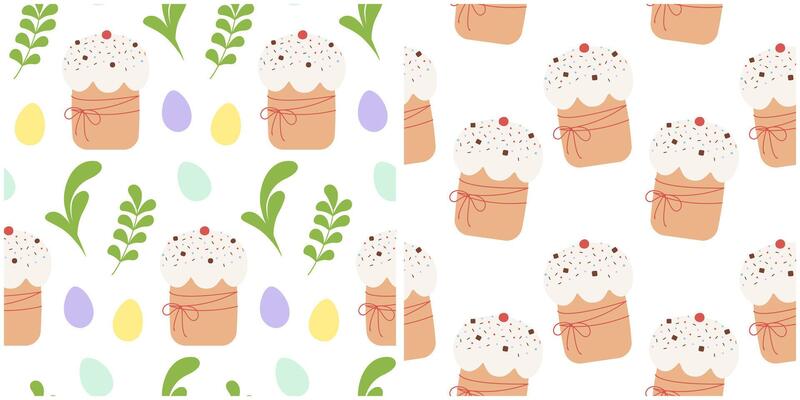 Easter cake with Sprinkles Chocolate pieces and Easter Eggs and Green Twigs Seamless Patterns Set. Isolated illustration Easter Holiday or Parties Backgrounds, greeting cards, banner, leaflets