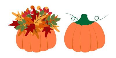Orange Pumpkin Autumn leaves and rose hip twigs Bouquet and Crop Pumpkin with Stem Thanksgiving Set. Isolated illustration Autumn Holiday Thematic Greeting Cards Party Invite or banner, leaflet vector