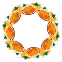 Multicolored Pumpkins and Fried Turkey on Plate Circle Frame Border Thanksgiving Copy space Template. Isolated illustration Autumn Holiday Themes Card Party Invite or banner, leaflet, price tag vector
