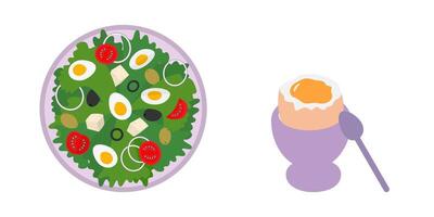 Vegetables and Hard boiled Eggs Salad on plate and Soft Egg in Egg bowl Healthy Food Design elements. Isolated illustration Sticker Icon Food Related content or Menu cards, price tag, leaflets vector