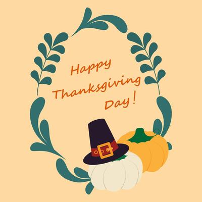 Green Leaves and Twigs with pumpkins Pilgrim Hat and Happy Thanksgiving Day Text Oval Frame Border. Isolated illustration Autumn Holiday Themes Cards Party invite or banner, leaflets, price tag