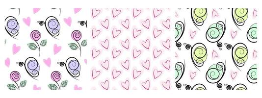 Hand Drawn Stylized Butterflies Decorative Hearts and Roses Seamless Patterns Summer Background Set. Isolated Seasonal Theme Cards Backdrop Love Greetings, poster, banner, leaflet or label, tag vector