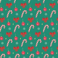 Christmas Festive Decorations Candy Cane Ribbon bow Ball and Snowflake Seamless Pattern Holiday Fond. Isolated illustration Christmas Greeting Thematic Card Party invite or banner, leaflet, tag vector