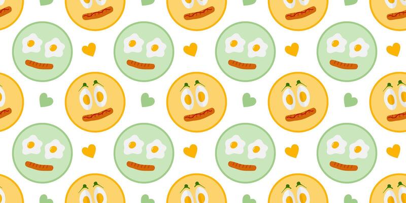 Fried and Hard Boiled Eggs with grilled sausage Cute Food Emoticons Seamless Pattern Banner Format. Isolated illustration Food Poster or Motivation Backdrop or banner, leaflet, label, price tag