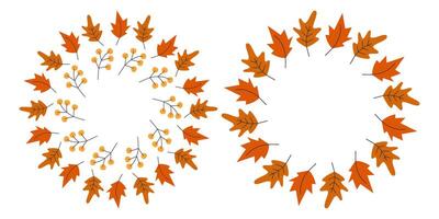 Hand Drawn Autumn Leaves and Twigs Circle Frame border Autumn Holidays Greeting Template Copy space. Isolated illustration Thanksgiving Greeting Invitations Cards or promo banner, leaflets, tag vector