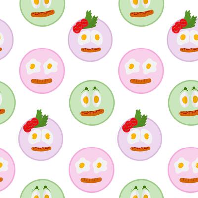 Eggs sausage salad leaves and tomato slices Food Emoticons on plate Seamless Pattern Motivation Fond. Isolated illustration Food Theme Cards or Menu Backdrop Banners, leaflets, labels, posters