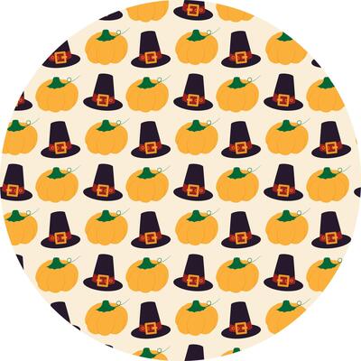Hand drawn Autumn pumpkins and Pilgrim Hat Seamless Pattern on Circle Background Autumn Holiday Fond. Isolated illustration Autumn Holiday Thematic Card Backdrop Party Invite or banner, leaflet
