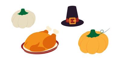 Roasted Turkey on plate Orange and White Pumpkins and Pilgrim hat with Buckle Thanksgiving elements. Isolated illustration Sticker Icon Thanksgiving Related content Greeting Card, leaflet, post vector
