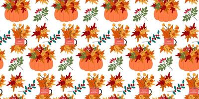 Pumpkins and Mug with Hello Autumn Text and Autumn Leaves Composition Seamless Pattern Banner Format. Isolated illustration Autumn Holiday Theme Cards Background Party invite or banner, leaflet vector