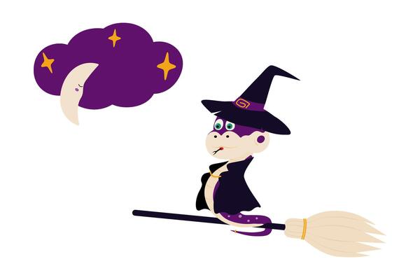 Witch Snake in Hat and Cloak Flying on broom and Half moon Cloud and Decorative stars Cute Character. Isolated illustration Halloween Thematic Cards Invites or promo banner, leaflet, label, tag