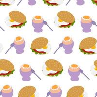 Fried Egg Sandwich and Soft Boiled Egg in Egg Bow with spoon Seamless Pattern Egg Day Backdrop idea. Isolated Illustration Thematic Menu Cards Background Healthy Food banner, leaflet, price tag vector