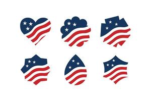 A set of six patriotic icons featuring the American flag in abstract badge shapes. Designed in flat minimal style, ideal for July 4th, election campaigns, or branding themes. vector