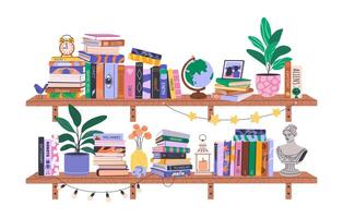 Colorful illustrated bookshelf with plants vector