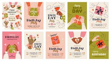 Set of 10 birthday greeting cards and party invitations. Festive vertical templates for celebrating an anniversary with text and wishes. Female hands holding gift boxes, bouquet of flowers, wineglass. vector