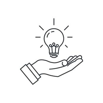 Hand and a lamp line icon. Solution, new idea, propose vector