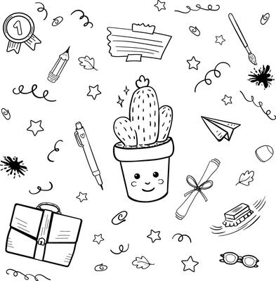 Cactus kawaii and school outline stationery pencil, pen, etc. Creative coloring page fun for kids