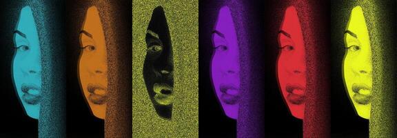 Beautiful girl with long dark hair in style Halftone Dots. Colorful set in style pop-art. Colorful Pop Art Portrait of a Woman vector