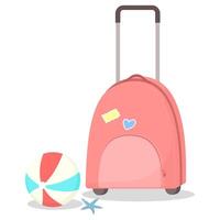 Kids pink travel bag with paper stickers, starfish and beach ball. Vertical banner with copy space vector