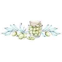 Artistic watercolor illustration of olives and olive oil reflecting Italian culinary culture frame, border, arrangement vector