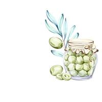 Illustration of olives in a jar with olive leaves in a watercolor style inspired by Italian cuisine and nature frame, border, arrangement vector
