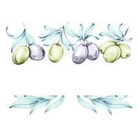 Olives and olive oil in watercolor illustration frame, border, arrangement. inspired by Italian cuisine and nature vector