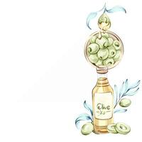 Olives and olive oil illustrated in a watercolor style celebrating Italian cuisine and nature frame, border, arrangement vector