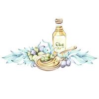 Olives and olive oil in a watercolor illustration inspired by Italian cuisine and natures beauty frame, border, arrangement vector