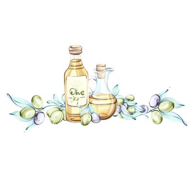 Illustration showcasing olives and olive oil with a touch of Italian cuisine in watercolor technique frame, border, arrangement