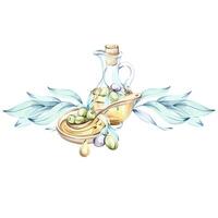 Delicate watercolor illustration of olives and olive oil celebrating elements of Italian cuisine and nature frame, border, arrangement vector