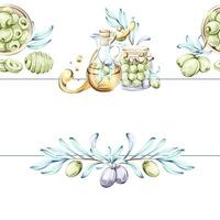 Exploring the beauty of olives and olive oil through exquisite watercolor illustrations frame, border, arrangement vector