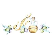 Vibrant watercolor illustration showcasing olives and olive oil in a Mediterranean inspired setting frame, border, arrangement vector