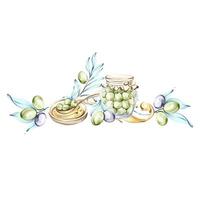 Beauty olives and olive oil through watercolor illustrations frame, border, arrangement vector